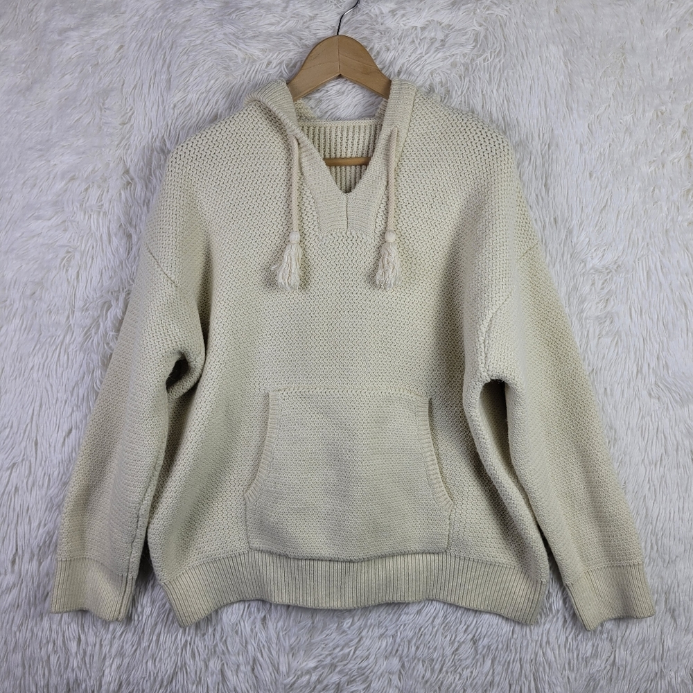 Womens S Cream Wool & Cotton Blend Oversized Hooded Sweater Quiet Luxury Crochet
